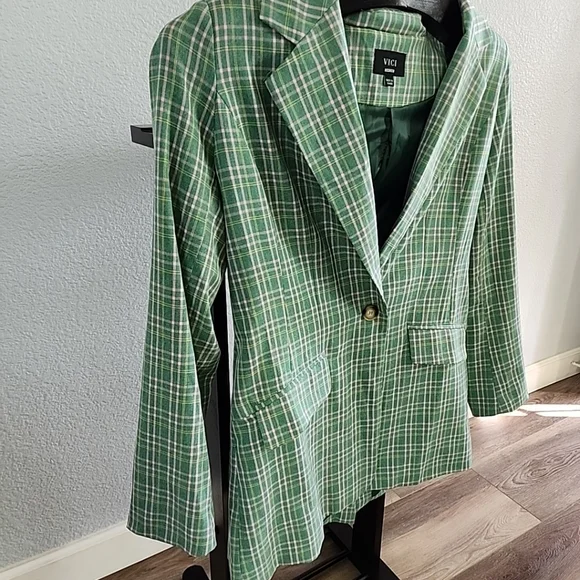 Vici Green Pink Plaid Mid Length Blazer Jacket One Button Medium - Picture 2 of 12